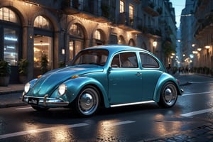 fusqu1n4 car, Volkswagen beetle in A futuristic cityscape at night, with lights. The image should be highly detailed, ultra-high resolution, and capture the dynamic, vibrant atmosphere of the city. The lighting should be dramatic, with reflections and strong contrasts