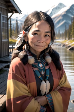 ((portrait of indigenous_People)), shy smile, recently in rural Alaska change ((urban-level))  profoundly riverbank