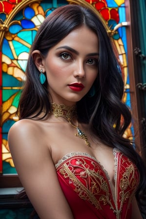 professional photograph of photo (in full height:1.25) of a spanish woman with (light bright eyes:1.1) (Looking over the shoulder pose), (Art Nouveau luxury diamond collier:1.4), (red_color in the background:1.75), (red_ornate baroque window in the background:1.5), light_from_window, (lace dark green and navy blue and cyan evening gown :1.3), (spiky pixie black hair over shoulders), highly detailed, (parted lips:1.4), (beautiful round detailed face:1.2). bedroom daylight, sharp focus, depth of field  , RAW photo, full sharp, detailed face (high detailed skin:1.2), 8k uhd, dslr, soft lighting, high quality, film grain, Fujifilm XT3, perfect viewpoint, highly detailed, wide-angle lens, hyper realistic, with dramatic sky, polarizing filter, natural lighting, vivid colors, everything in sharp focus, HDR, UHD, 64K