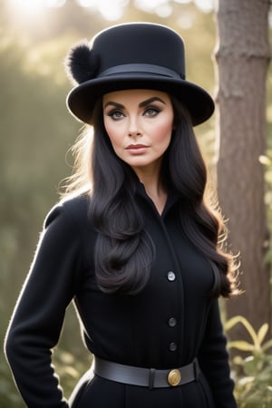 'p3x3ls style photo', (Brigitte Bardot / Elizabeth Taylor), standing, log hair, wearing a black hat, outdoors, backlighting