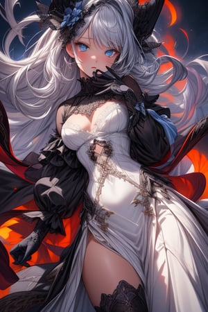 extra detailed, detailed anatomy, detailed face, detailed eyes, 1 girl, black gothic dress, blue lace, blue eyes, white hair, russian braid hairstyle, standing, long gloves, black boots, night time, chapel, blue flowers , open long skirt,