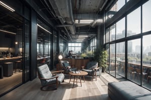 Creating an office interior space, open lounge, friendly atmosphere close to nature, futuristic style, blue tone:0.5, white tone:0.8, oak tones:0.1, curved lamp, surrounding glass walls, overlooking garden,Interior ,neotech,cyberpunk,Indoor Grey, , 
