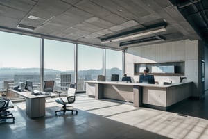 photorealistic, masterpiece, best quality, raw photo, interior of office lobby, white reception desk, technology company, futuristic style, bule and white color tone, glasses wall, sky view, warm sun,neotech, no human, no working table,brutaltech