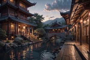 (8k, best quality, top level: 1.1), cinematic, night, temple, restaurant interior, japnanese style, river view