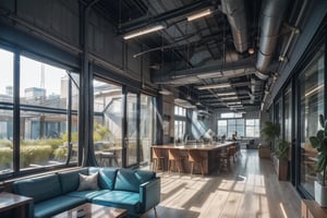 Creating an office interior space, open lounge, friendly atmosphere close to nature, futuristic style, blue tone:0.5, white tone:0.8, oak tones:0.1, curved lamp, surrounding glass walls, overlooking garden,Interior ,neotech,cyberpunk,Indoor Grey, , 
