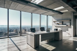 photorealistic, masterpiece, best quality, raw photo, interior of office lobby, white reception desk, technology company, futuristic style, bule and white color tone, glasses wall, sky view, warm sun,neotech, no human, no working table,brutaltech