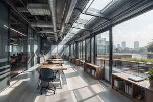 Creating an office interior space, office working desks, friendly atmosphere close to nature, futuristic style, blue tone:0.5, white tone:0.8, oak tones:0.1, curved lamp, surrounding glass walls, overlooking garden,Interior ,neotech, Indoor Grey, , 
