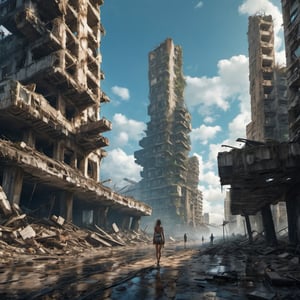 A post-apocalyptic scene in the future world, with many collapsed and damaged buildings, stacked futuristic buildings, dilapidated and dilapidated, like large ruins, forming a great contrast with the blue sky and white clouds, (a girl, wearing shabby clothes, looking at Ruins-like city:1.3), (upper-body, from side:1.5), a few passers-by walking on the dilapidated road, super wide-angle shot, long shot.

destruction,ruined,collapsed,flooded,destruction,more detail XL