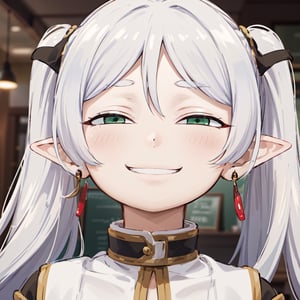 masterpiece,best quality,highres,ultra-detailed,silver hair,frieren,green eyes,long hair,twintails,parted bangs,earrings, IncrsAnyasHehFaceMeme, grin, smug
,(turtlenec),standing,Cafe entrance,((close-up)),IncrsAnyasHehFaceMeme