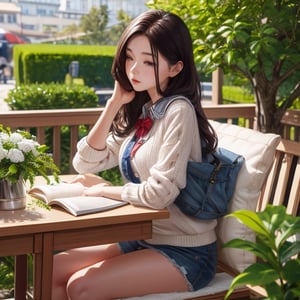 best quality, ultra detailed 8k cg render, masterpiece, high resolution, extremely detailed, natural lighting,
1 girl, A female student sits outdoors in the garden reading a book,