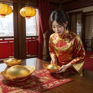 The living room is decorated with Chinese New Year decorations, and there are several Jin yuanbao on the table. Jin yuanbao,Jin yuanbao