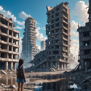 (a girl, wearing shabby clothes, looking at Ruins-like city:1.3), (upper-body, from side:1.5), a few passers-by walking on the dilapidated road, A post-apocalyptic scene in the future world, with many collapsed and damaged buildings, stacked futuristic buildings, dilapidated and dilapidated, like large ruins, forming a great contrast with the blue sky and white clouds, super wide-angle shot, long shot.

destruction,ruined,collapsed,flooded,destruction,more detail XL