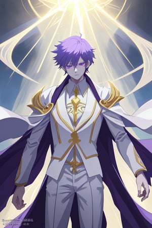  800 * 600px, within 5M, beast quality, master piece, anime style, solo wizard boy, white haires with a combination of purple eyes, wearing a white suit, strongly determined attitude, golden light, magical world, elements magic, 