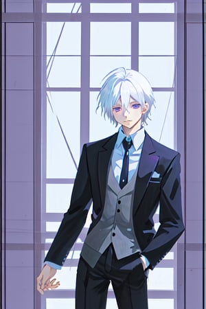 Male anime boy, white hair with purple eyes, wearing a designed suit and a hard, solo 