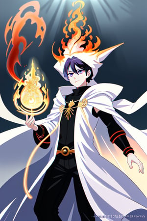  800 * 600px, within 5M, beast quality, masterpiece, anime style, solo wizard boy, white haires with purple eyes, wearing a white suit, strongly determined attitude, golden light, background of the magical world add some fire elements magic, ,sena