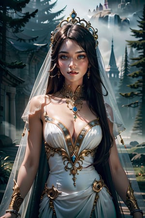 Create an 8K hyperrealistic portrait of an ethereal maiden surrounded by a misty dreamscape. Illuminate her features with HDR lighting to accentuate the intricate details of her ornate attire and evoke a sense of mystery and allure.