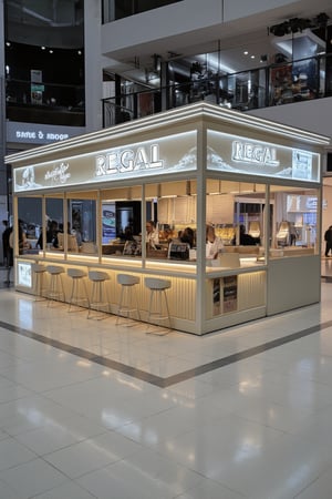 A long, temporary store with an area of about 4 square meters, primarily a beverage and coffee shop, located in a bustling shopping mall. The store features a bright sign and illuminated lights, with the Regal brand name prominently displayed above a modern, minimalist counter. Inside, a long bar with several stools offers seating for customers. The store is surrounded by other shops and shoppers, creating a vibrant atmosphere. The camera captures the entire store, emphasizing its temporary setup and the lively mall environment.