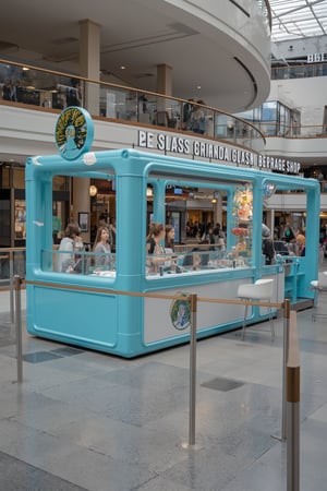 A long, temporary store with an area of about 4 square meters and a height limit of 320cm, primarily a hand-shaken beverage shop, located in a bustling shopping mall. The store features a bright Tiffany Blue exterior, illuminated lights, and the Regal brand name prominently displayed above a modern, minimalist counter. Inside, a long bar with several stools offers seating for customers. The store is surrounded by other shops and shoppers, creating a vibrant atmosphere. The camera captures the entire store, emphasizing its temporary setup and the lively mall environment.