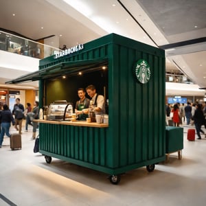 A 4 square meter Starbucks-themed mobile beverage stand with wheels, set against the bustling backdrop of an airport terminal lobby. Soft, warm lighting illuminates the deep green stand, surrounded by cozy seats and a hub of activity. A barista expertly crafts drinks as smiling customers gather, drawing attention to the stand's charming design and inviting seating area amidst the busy terminal. The composition showcases the stand's mobility, framed by a sea of travelers rushing to their gates.