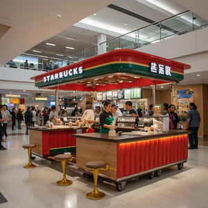 A vibrant, 4 square meter, Starbucks-themed mobile beverage stand with wheels, located in an airport terminal lobby. The stand features Starbucks colors and a charming design, attracting guests. The scene is framed with the stand at the center, surrounded by bustling airport activity and a few cozy seats in front. Soft, warm lighting highlights the stand's cheerful appearance, with a barista serving drinks to smiling customers. The composition captures the lively atmosphere, emphasizing the stand's mobility and inviting seating area amidst the busy terminal.