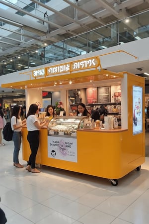 A vibrant, 4 square meter, cute-themed mobile beverage stand with wheels, located in an airport terminal lobby. The stand features bright colors and a charming design, attracting female guests. The scene is framed with the stand at the center, surrounded by bustling airport activity. Soft, warm lighting highlights the stand's cheerful appearance, with a barista serving drinks to smiling customers. The composition captures the lively atmosphere, emphasizing the stand's mobility amidst the busy terminal.