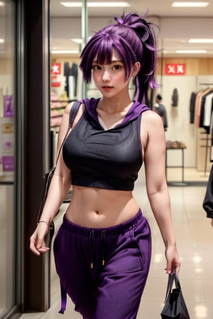 busty girl, medium purple hair ponytail, asymmetric_bangs, half body image , wearing a black tenk top and hoodie, open shoulders, casual pants, walking in the shoping center , look at the camera