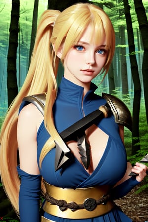beautiful girl with long blonde hair bangs ponytail, big chest , open post, beautiful blue eyes, detailed face, best quality, 
half body image, with background forest, wearing ninja armor and carrying a kunai
