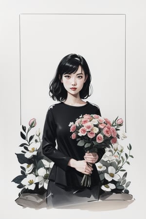 a girl hold flowers, 8k, Masterpiece, Best Quality,cinematic light,photography,inksketch