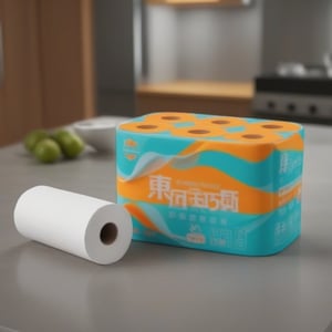 A sleek, modern kitchen backdrop with warm lighting, showcasing a stunning display of colorful kitchen tissues. Vibrant hues of turquoise, yellow, and orange burst forth from the package, evoking feelings of freshness and sophistication. The design exudes luxury, with clean lines, minimalist typography, and a matte finish that seems to glow in the light.,photo r3al