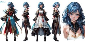 (character sheet of the same exact a girl with long light blue hair, brown eyes, wearing a dress), long bright blue hair, 
(((white background))), (((simple studio background))), reference sheet, multiple views,
((fantasy)), ((kind smiling)), detailed eyes, detailed facial features, detailed clothes features, detailed face and breast, beautiful eyes, detailed eyes, perfect body, perfect breasts, perfect face,
(best quality, masterpiece), (realistic), photorealistic, RAW photo,SAM YANG