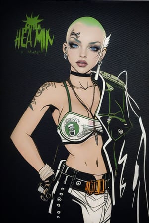 Highly Stylised post_apocalyptic sketch of steam_punk heroine Tank_Girl, shaved_head, Mohawk, evil grin, wearing a green army_helmet, gigantic_breasts, white hair, tattoos, denim hot pants, tank_top, in the style of Jamie Hewlett, deadline magazine, dystopian, desert scene, military tank, explosion,1boy