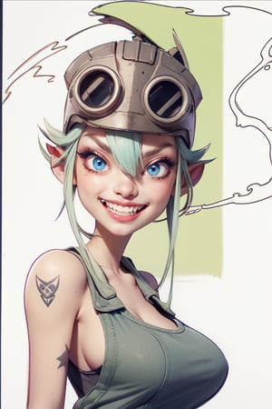 Highly Stylised post_apocalyptic sketch of steam_punk heroine Tank_Girl, shaved_head, Mohawk, evil grin, wearing a green army_helmet, gigantic_breasts, white hair, tattoos, denim hot pants, tank_top, in the style of Jamie Hewlett, deadline magazine, dystopian, desert scene, military tank, explosion,