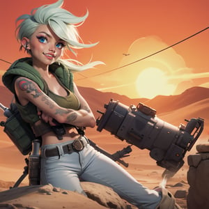 Highly Stylised post_apocalyptic sketch of steam_punk heroine Tank_Girl, shaved_head, Mohawk, evil grin, wearing a green army_helmet, gigantic_breasts, white hair, tattoos, denim hot pants, tank_top, in the style of Jamie Hewlett, deadline magazine, dystopian, desert scene, military tank, explosion,1boy