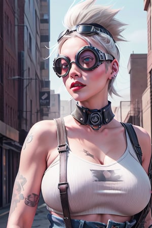 Highly Stylised sketch of comic book steam_punk heroine Tank_Girl, welding_goggles, wearing an army_helmet gigantic_breasts, Mohawk_haircut, white hair, red and black, tattoos, denim hot pants, tank_top, in the style of Jamie Hewlett, deadline magazine, dystopian, desert scene, military tank, 