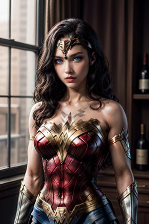 Wonder Woman, 💪🏼, drinking red wine, high detail, 8k resolution, masterpiece, 