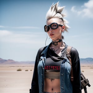 Highly Stylised sketch of steam_punk heroine Tank_Girl, welding_goggles, wearing an army_helmet gigantic_breasts, Mohawk_haircut, white hair, red and black, tattoos, denim hot pants, tank_top, in the style of Jamie Hewlett, deadline magazine, dystopian, desert scene, military tank, 