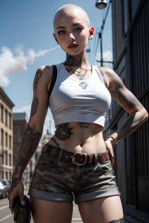 Beautiful skinhead girl, tattoos, white_vest, camouflage hot pants, steam punk 