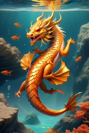 mythology creatures, dragon as gold fish, swimming in the clear ocean