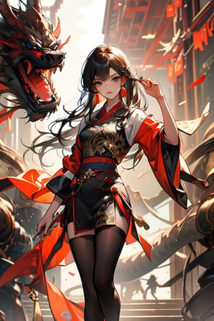 Best quality,masterpiece,ultra high res,1girl,beautiful_face,detailed skin,,gu,dragon,full body,,weapon,black hair,holding weapon,blood,arm guards,male focus,looking at viewer,black eyes,tabi,floating hairfull body,orange,,hands up, gu, wuxia, holding weapon, dragon  swordsman  gu, wuxia, holding weapon, dragon,midjourney portrait