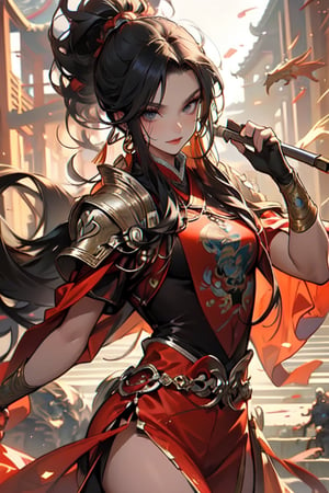 Best quality,masterpiece,ultra high res,1girl,beautiful_face,detailed skin,,gu,dragon,full body,,weapon,black hair,holding weapon,blood,arm guards,male focus,looking at viewer,black eyes,tabi,floating hairfull body,orange,,hands up, gu, wuxia, holding weapon, dragon  swordsman  gu, wuxia, holding weapon, dragon,midjourney portrait