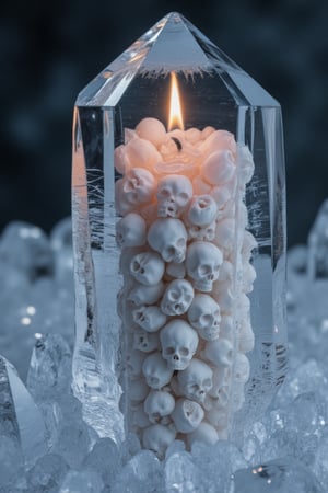 An extremely detailed and hyper-realistic Macro view of an ice crystal, revealing a candle has a well-detailed sculpture in wax of many skulls. hidden inside its structures, Enhanced all, Frozen in time