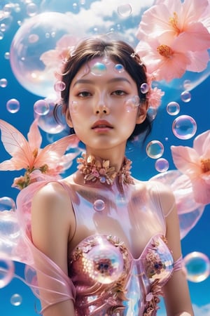 (close-up face view:1.9),a woman in a pink dress blowing bubbles, high fashion magazine cover, glossy flecks of iridescence, of a youthful Japanese girl, wearing translucent sheet, blue sky above, promotional render, adorned in a transparent plugsuit, delicate crystal wings extending gracefully, immersed in an alien landscape, clouds forming a celestial ballet, exotic flora adding to the dreamlike atmosphere.",more detail XL,glitter,Glass Elements,skirtlift,dreamgirl