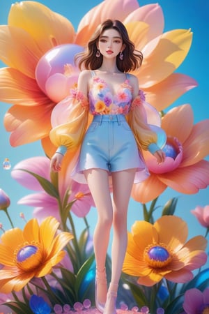 1girl beauty is standing on the flower,the facial details are perfect,and the character details are exquisite,trendy fashion clothes,trendy portraits,bright colors,clean background,3D cartoon style rendering,Panoramic view,large aperture,pop Mart production,delicate gloss,8K gradient translucent glass melt,frosted glass