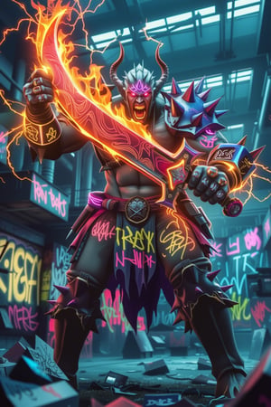 The grffitipunk Grand Khavatari is a towering figure, draped in spiked, glowing armor that glistens with vibrant graffiti patterns. His fists are wrapped in glowing knuckle dusters, each etched with symbols of power. He slashes with a massive, neon-infused sword glowing with a fiery orange hue, with tendrils crackling with energy as he slashes with his sword through the air. His eyes burn with fury as he prepares to unleash a powerful blow. The abandoned factory he stands in is lit by flickering neon lights, its walls covered in chaotic graffiti that mirrors his inner rage.,Avatarwar