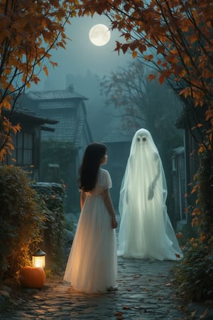 BeNhi,In the dimly lit streets of a quaint village, a girl, no older than ten, stands at the edge of a cobblestone path, her shadow dancing eerily in the flickering light of a nearby pumpkin lantern. She is dressed in a flowing, ethereal white gown that sways gently around her as if caught in an unseen breeze, and her long dark hair cascades down her shoulders, partially obscuring her face. Her wide, curious eyes shimmer with a mix of excitement and trepidation, mirroring the vibrant colors of the autumn leaves that rustle overhead.

As the air thickens with a chill, a phantom emerges beside her, its translucent figure swirling like mist, glowing faintly under the silver light of the full moon. The phantom’s expression is gentle yet melancholic, conveying a story of days gone by. Together, they gaze out into the spooky landscape where cobweb-laden houses loom, and the faint sound of distant laughter and ghostly whispers fills the air, reminiscent of Halloween nights long past. The scene pulses with haunting allure, evoking a sense of wonder, fear, and the enchantment of the unknown that accompanies the Halloween season.,Vshorror,Enhanced all,