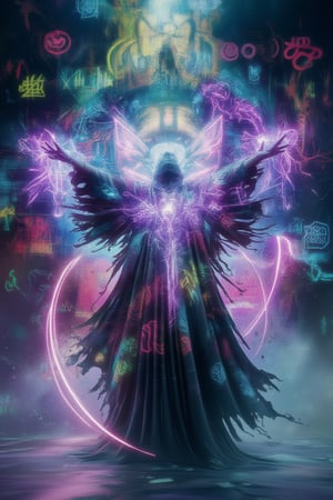 A 3D render of a cyberpunk artwork by CJ84. The artwork is a mesmerizing scene with abstract brushstrokes of vibrant colors.The background is alive with neon graffiti, futuristic heraldry, and a palpable sense of movement. The dominant figure is a mystic with glowing eyes, standing with arms outstretched, channeling ethereal energy. The mystic’s flowing robes and intricately detailed aura seamlessly blend into the high-tech, abstract backdrop. The lively neon designs around the mystic add a touch of the ethereal.Less
,Avatarwar,3dartCA