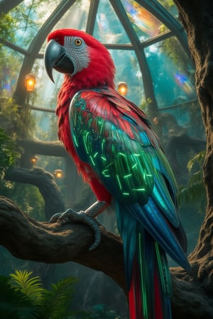 An astonishingly detailed 3D render of a parrot-human hybrid perched on a weathered tree branch, set within a futuristic rainforest dome. The hybrid's vibrant, multicolored metallic wings are intricately detailed with glowing circuits, and each feather shimmers with bioluminescent light. As the hybrid turns its head, its smooth chrome beak is prominently displayed. The red and green feathers emit a mesmerizing glow, while beams of sunlight stream through the glass dome overhead, creating a kaleidoscope of colors on the tree bark and metallic feathers. The artwork exudes a cinematic, painting-like quality, capturing the essence of vibrant, otherworldly beauty., 3d render, vibrant, portrait photography, painting, cinematic,AhFutur