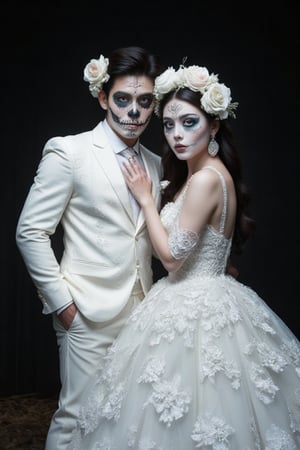 A photo of a man and a woman adorned in intricate white attire, reminiscent of wedding gowns and suits. Both have their faces painted with detailed skull motifs, characteristic of the 'Day of the Dead' celebrations. The man sports a white rose in his hair, while the woman has a similar flower on her head. They are positioned closely, with the woman's hand resting on the man's chest. The background is dark, emphasizing the ethereal and haunting ambiance of the scene.,hlw cosplay,Vshorror,Enhanced all