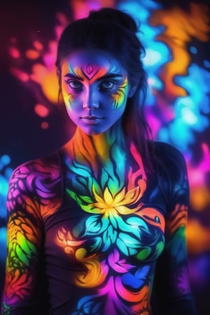 portrait a girl model have glowing tatto with body painting,bodyPa,dreamgirl,colorful,color art,color chaos,GlowingTat