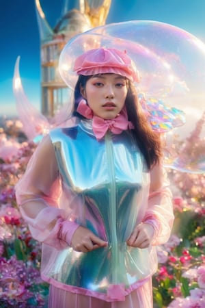 (close-up face view:1.9),a woman in a pink dress blowing bubbles, high fashion magazine cover, glossy flecks of iridescence, of a youthful Japanese girl, wearing translucent sheet, blue sky above, promotional render, adorned in a transparent plugsuit, delicate crystal wings extending gracefully, immersed in an alien landscape, clouds forming a celestial ballet, exotic flora adding to the dreamlike atmosphere.",more detail XL,glitter,Glass Elements,skirtlift,dreamgirl,bubbleGL